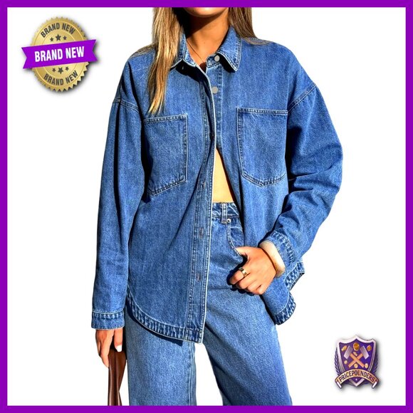 Oversized Denim Shirt Button Down Blouse Distressed Y2K Chic Casual Wear